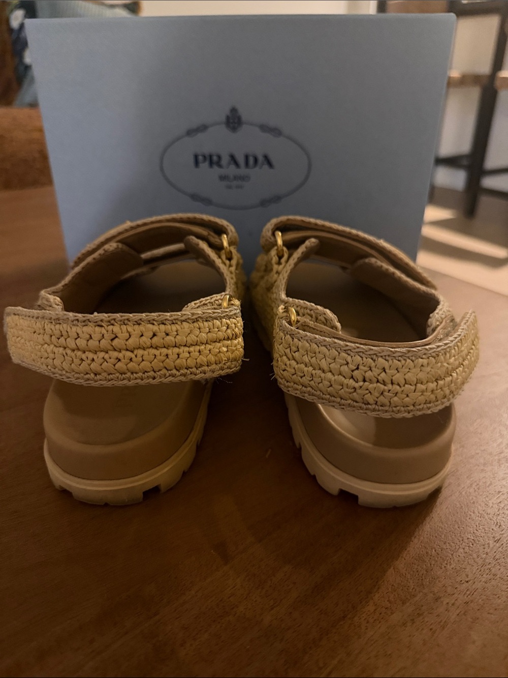 Prada Tan Woven Velcro Sandals - Picture 4 of 6